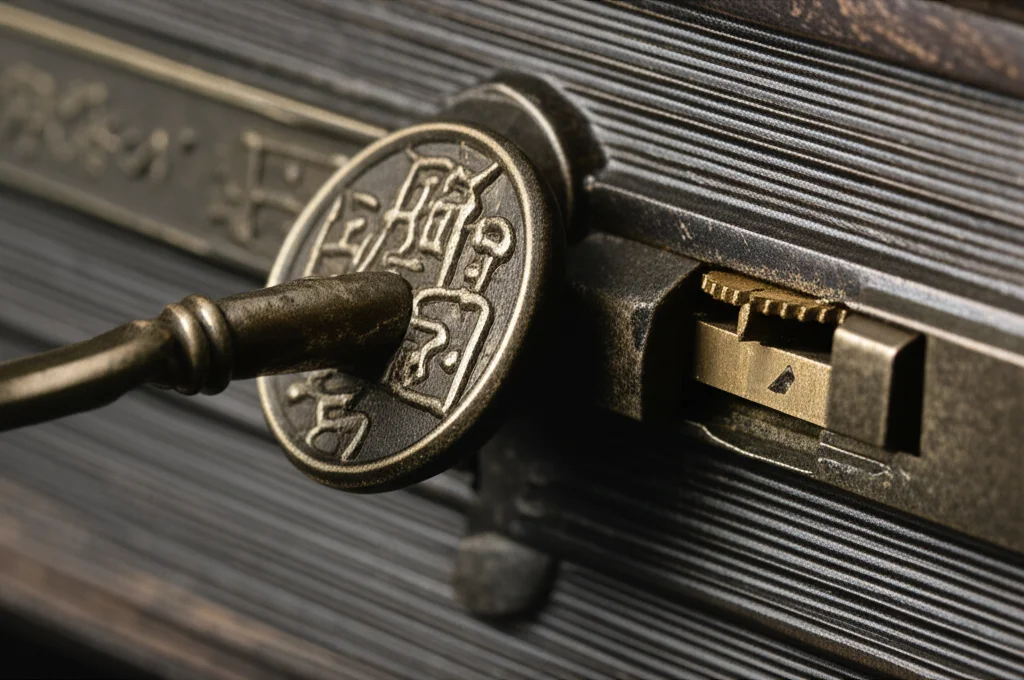 Fotografia macro 100mm, chiave antica ornata (simbolo dell'affectedness) inserita in una serratura complessa con caratteri cinesi (simbolo del passivo mandarino), rivelandone il meccanismo. Messa a fuoco precisa, illuminazione controllata, alto dettaglio.