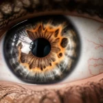 Illustrazione dettagliata della retina umana con evidenza di degenerazione maculare neovascolare e l'effetto benefico del trattamento anti-VEGF. Lente macro, 70mm, alta definizione, illuminazione drammatica per evidenziare le strutture oculari.