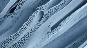 Immagine concettuale ad alta definizione di una struttura ossea trabecolare sana e forte, con osteoblasti visibili, illuminata per evidenziare la densità e la salute, obiettivo macro, luce da studio controllata, con un leggero effetto duotone blu e grigio per un aspetto scientifico moderno.