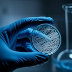 Immagine fotorealistica concettuale che mostra tre diverse membrane biomateriali (CGF, Alb-CGF, Alb-CGF-SNP) illuminate selettivamente in un ambiente di laboratorio high-tech. Obiettivo prime 35mm, profondità di campo ridotta, toni blu e grigi duotone per un look scientifico e moderno, focus sulla texture e struttura delle membrane.