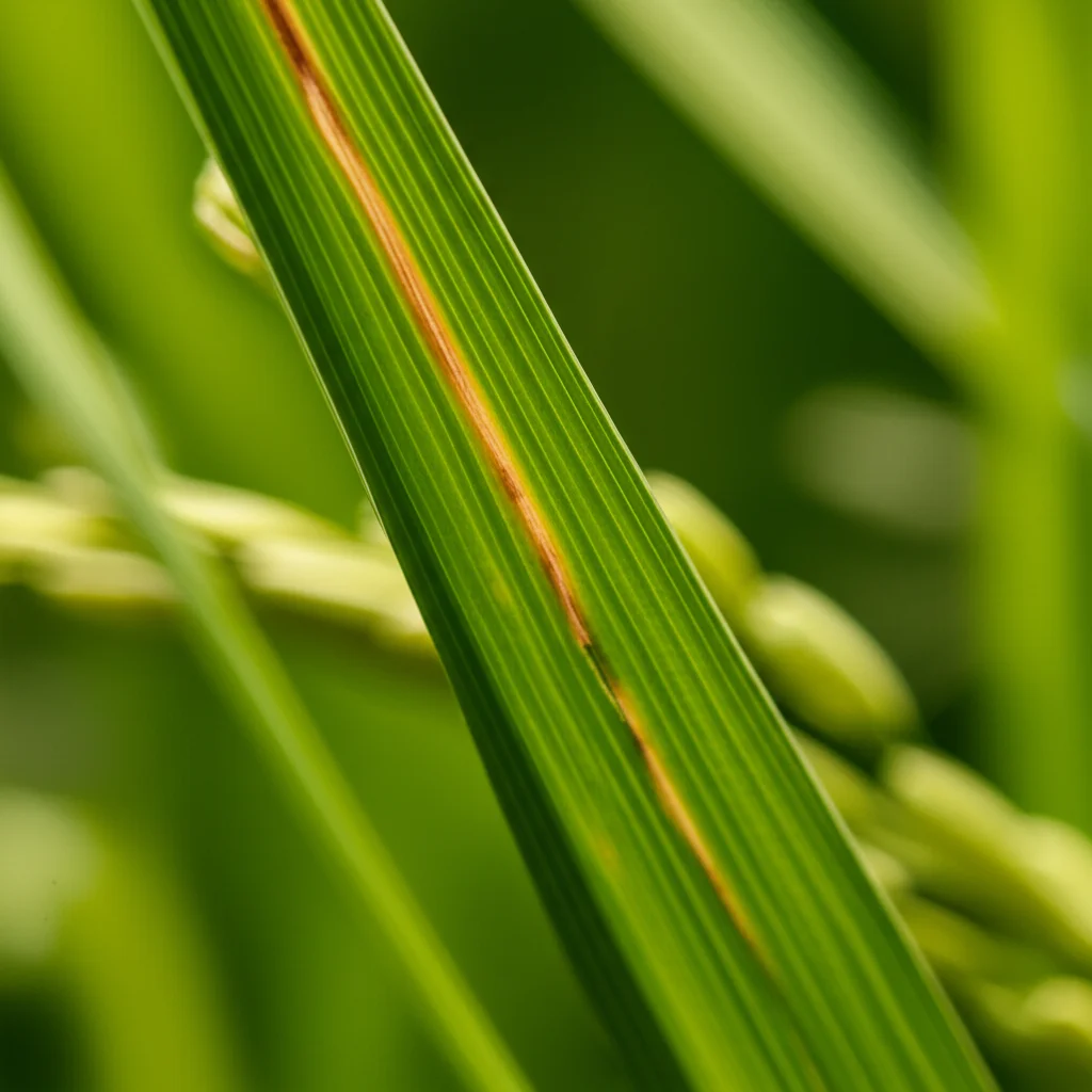 Immagine fotorealistica di una foglia di riso affetta da malattia, catturata con obiettivo macro da 90mm per evidenziare i dettagli delle lesioni, illuminazione da studio per massima nitidezza, mostrando chiaramente le texture e i colori alterati dalla patologia.