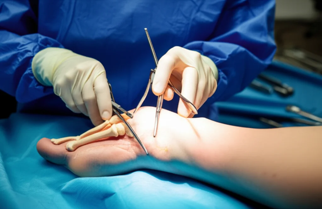 Immagine fotorealistica di una sala operatoria focalizzata su un piede durante un intervento di osteotomia del calcagno. Strumenti chirurgici visibili, illuminazione chirurgica intensa, dettagli precisi sull'anatomia del piede. Obiettivo macro 100mm, alta definizione, illuminazione controllata.