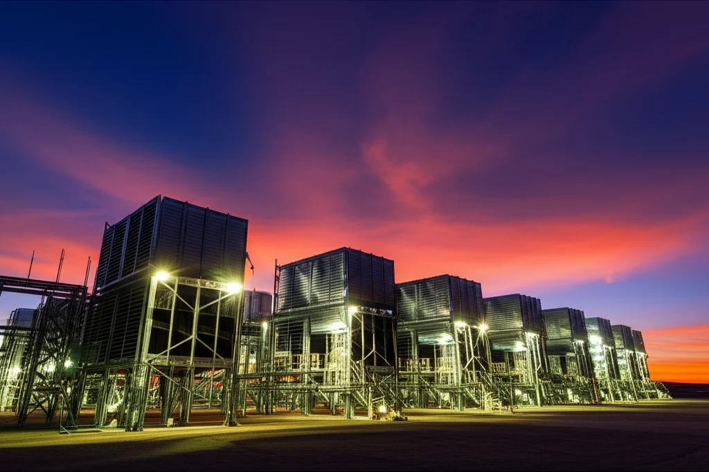 Impianto pilota di Direct Air Capture (DAC) su larga scala al tramonto, con grandi moduli di ventilatori che aspirano aria atmosferica e strutture di processo chimico illuminate visibili sullo sfondo, fotografia wide-angle 15mm, long exposure per rendere le nuvole setose, colori caldi e contrastati del cielo al tramonto.