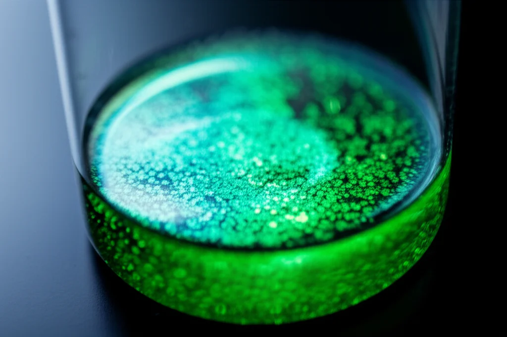 Macro fotografia (obiettivo 90mm) di minuscoli frammenti di plastica PET dai colori vivaci (fluorescenti sotto luce UV simulata, arancione/verde) sospesi in acqua limpida all'interno di un becher scientifico in vetro. Illuminazione da laboratorio controllata e drammatica che fa risaltare la fluorescenza delle particelle. Messa a fuoco estremamente precisa sui frammenti, alta definizione dei dettagli.