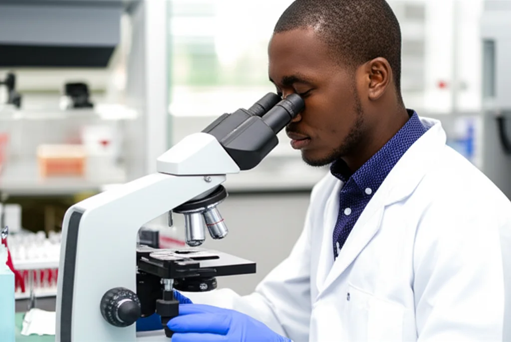 Ricercatore ghanese in un moderno laboratorio clinico ad Accra, intento ad analizzare campioni di sangue al microscopio. Luce da laboratorio brillante ma controllata, obiettivo prime 35mm, profondità di campo ridotta per focalizzare sul ricercatore e il microscopio, sfondo leggermente sfocato con altre attrezzature di laboratorio.