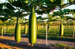 Una pianta di Lagenaria siceraria sana e rigogliosa, carica di frutti verdi brillanti, in un campo coltivato. La foto è scattata con un obiettivo prime da 35mm, luce naturale del tardo pomeriggio che esalta i colori caldi e la vitalità della pianta, con un leggero effetto di profondità di campo che sfoca lo sfondo.