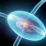 Visualizzazione artistica di un nomogramma tridimensionale fluttuante, con linee luminose che collegano vari punti dati rappresentanti fattori prognostici del cancro, sfondo scuro con elementi grafici medici stilizzati, illuminazione drammatica, lente grandangolare 24mm per un effetto immersivo.