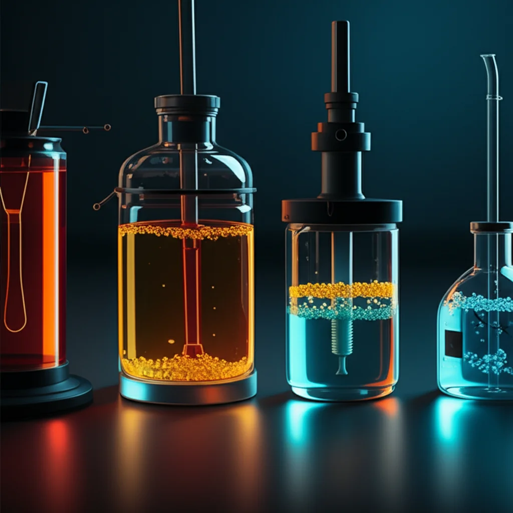Wide-angle, 24mm, sharp focus, controlled lighting of a laboratory setup showing electrochemical cells and plastic waste, symbolizing the conversion process.