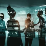 A diverse team of business engineers and data scientists collaborating around a futuristic holographic interface displaying complex data visualizations and decision-making frameworks. Prime lens, 35mm, depth of field, with a professional and innovative atmosphere. Duotone effect: teal and orange. Photorealistic.
