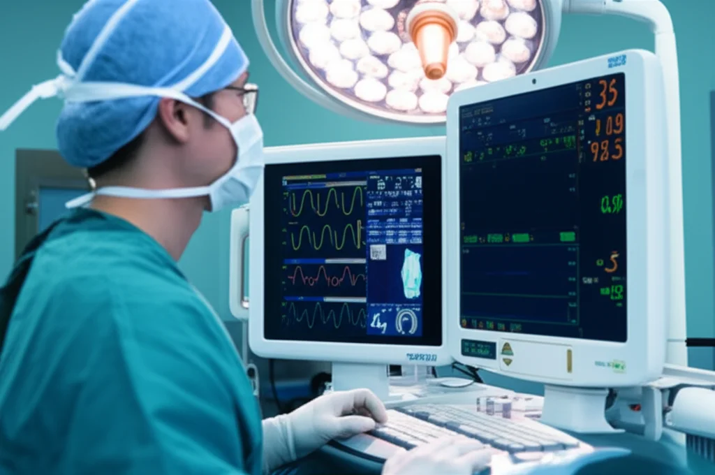 Fotografia di un anestesista in sala operatoria che monitora attentamente i parametri vitali di un paziente su uno schermo digitale avanzato, luce controllata, obiettivo 35mm, profondità di campo per mettere a fuoco lo schermo e il medico.
