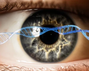 Fotografia macro altamente dettagliata di una cornea umana con guttae visibili, caratteristiche della Distrofia di Fuchs. L'immagine dovrebbe trasmettere un senso di ricerca medica e speranza, magari con una sottile sovrapposizione di filamenti di DNA. Obiettivo macro, 105mm, messa a fuoco precisa, illuminazione controllata per enfatizzare texture e profondità.