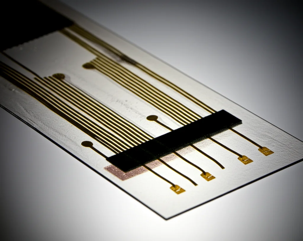 Fotografia macro realistica, 100mm lens, di un biosensore flessibile per dopamina basato su OECT. Il sensore trasparente mostra i microelettrodi dorati e il film polimerico attivo (miscela P3MEET-PTES). Illuminazione da studio controllata che evidenzia i dettagli high-tech, precise focusing, sfondo neutro leggermente sfocato.