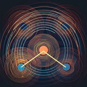 Illustrazione concettuale di una rete sociale stilizzata che si espande da un punto centrale luminoso, con cerchi concentrici tratteggiati che indicano diverse 'distanze' sociali (amici, amici di amici, comunità). I collegamenti, rappresentati da linee luminose, si estendono chiaramente oltre il cerchio più vicino, raggiungendo nodi più distanti all'interno di un cluster evidenziato. Colori caldi e accoglienti (arancio, giallo, blu tenue) su sfondo scuro, grafica pulita, moderna e astratta.