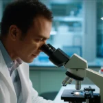 Immagine concettuale di un giovane ricercatore che osserva una coltura cellulare al microscopio in un laboratorio moderno, con un focus selettivo sul microscopio, illuminazione soffusa, obiettivo prime 35mm, profondità di campo, atmosfera di speranza e scoperta scientifica.