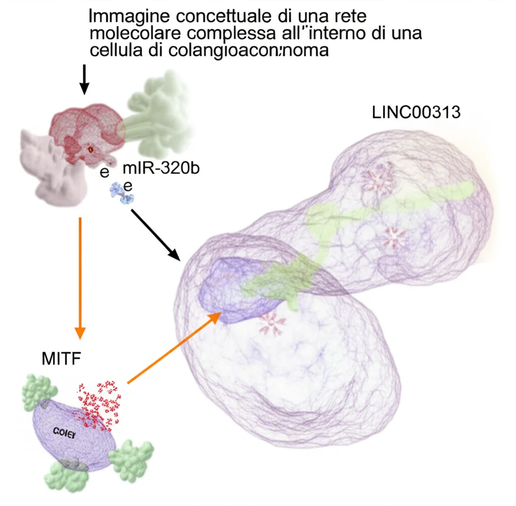 Immagine concettuale di una rete molecolare complessa all'interno di una cellula di colangiocarcinoma, con LINC00313, miR-320b e MITF evidenziati. Illuminazione da laboratorio, obiettivo macro 90mm per evidenziare dettagli molecolari, sfondo scuro per far risaltare gli elementi, alta definizione, effetto profondità di campo.