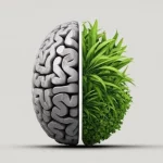 Immagine concettuale fotorealistica che rappresenta la mentalità di crescita. Metà di un cervello stilizzato è mostrato come un ingranaggio fisso (mentalità fissa), l'altra metà come una pianta rigogliosa che cresce (mentalità di crescita). Sfondo neutro e pulito. Obiettivo macro 60mm, alta definizione, illuminazione controllata per evidenziare il contrasto.