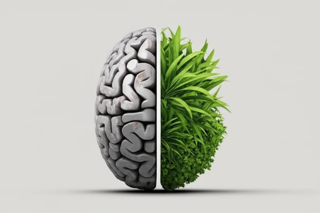 Immagine concettuale fotorealistica che rappresenta la mentalità di crescita. Metà di un cervello stilizzato è mostrato come un ingranaggio fisso (mentalità fissa), l'altra metà come una pianta rigogliosa che cresce (mentalità di crescita). Sfondo neutro e pulito. Obiettivo macro 60mm, alta definizione, illuminazione controllata per evidenziare il contrasto.