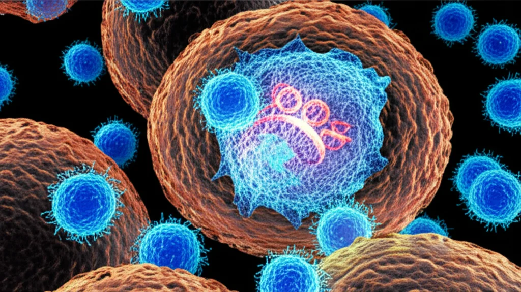 Immagine concettuale fotorealistica, obiettivo prime 50mm, che mostra una cellula tumorale polmonare (NSCLC) al microscopio. All'interno del nucleo, un RNA circolare (circFNDC3B), visualizzato come un anello luminoso, interagisce con proteine chiave (TFII-I). All'esterno della cellula, linfociti T CD8+ (sfere brillanti di colore ciano) sono ostacolati nell'infiltrazione. L'immagine ha una profondità di campo ridotta, focalizzandosi sull'interazione molecolare, con colori duotone blu e arancione per evidenziare i componenti chiave.