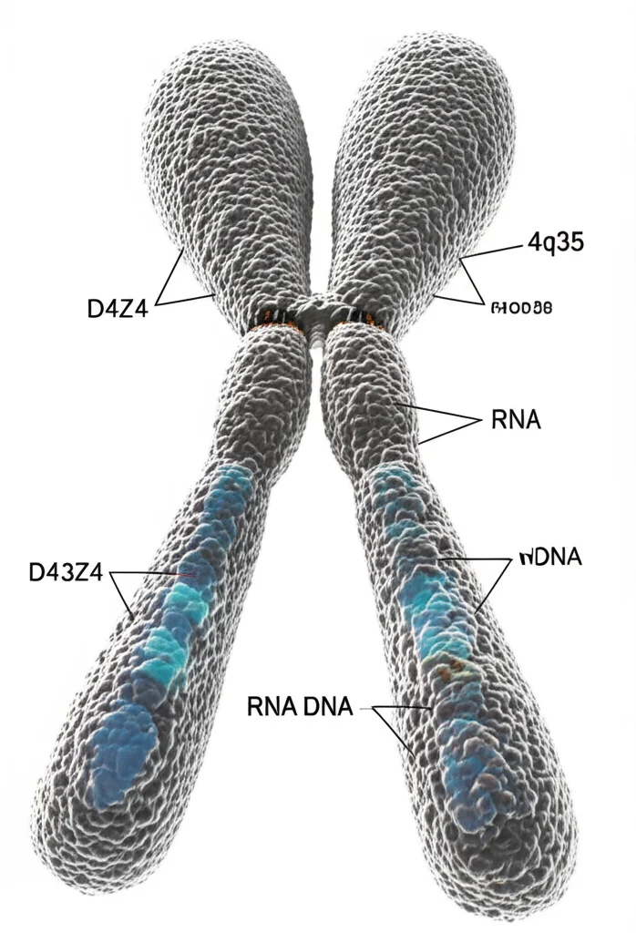 Immagine fotorealistica del cromosoma umano 4, con un focus sulla regione subtelomerica 4q35. Evidenziare la struttura ripetitiva del macrosatellite D4Z4 e molecole di RNA associate vicino a un'area che simboleggia il danno al DNA. Obiettivo macro 90mm, illuminazione drammatica, alto dettaglio, messa a fuoco precisa.