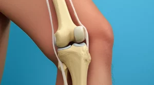 Immagine fotorealistica di un ginocchio umano in sezione, che mostra chiaramente il Legamento Patello-Femorale Mediale (LPMP) ricostruito con la tecnica a doppio fascio. Macro lens, 70mm, alta definizione dei dettagli anatomici, illuminazione da studio controllata per evidenziare la struttura dei fasci. Sfondo pulito e leggermente sfocato per concentrare l'attenzione sul legamento.