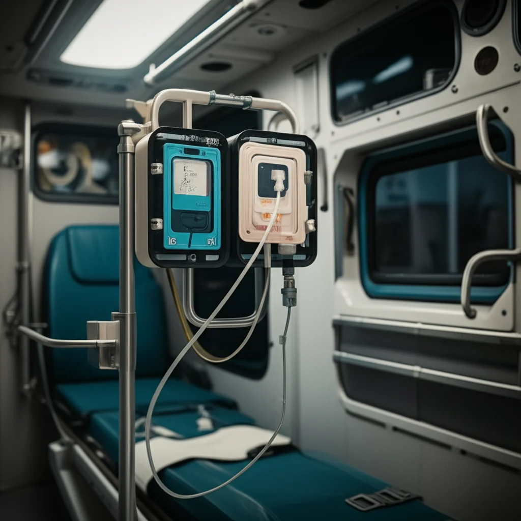 Medical syringe pump securely mounted inside a moving ambulance, medical tubing visible, macro lens, 80mm, high detail, precise focusing, realistic ambulance lighting, showing the complexity of critical care equipment in transit.