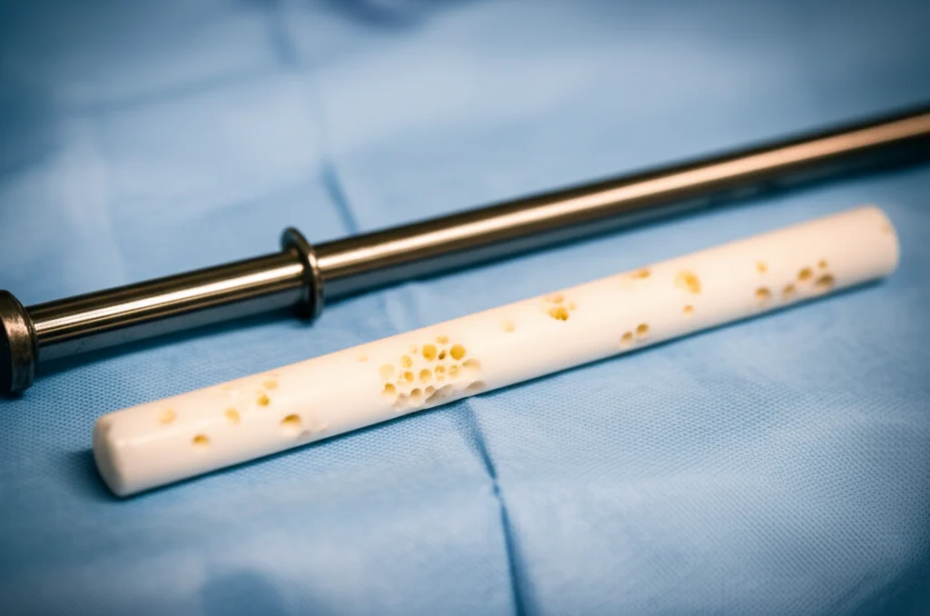 Photorealistic close-up image of a white antibiotic-impregnated bone cement rod next to a metal intramedullary nail on a sterile blue surgical cloth. The cement rod appears slightly porous. High detail, precise focusing, controlled lighting, macro lens, 105mm.
