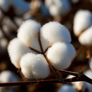 Primo piano macro 90mm di una capsula di cotone aperta che rivela la fibra bianca e soffice, con goccioline di rugiada mattutina, illuminazione laterale per esaltare la texture tridimensionale della fibra, alta definizione, sfondo leggermente sfocato di un campo di cotone.