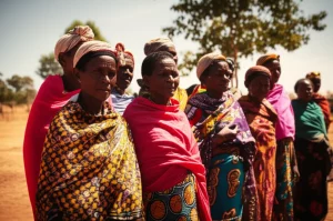 Un gruppo di donne etiopi rurali che partecipano a una sessione di educazione sulla salute riproduttiva e la contraccezione, in un ambiente comunitario all'aperto. L'immagine dovrebbe trasmettere speranza e apprendimento. Fotografia di ritratto di gruppo, obiettivo 24-35mm, luce naturale diffusa, colori caldi e terrosi, profondità di campo media per mantenere il focus sul gruppo con un leggero contesto ambientale visibile.