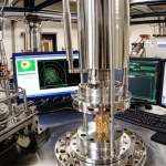 Wide-angle shot of a condensed matter physics lab, featuring high-pressure diamond anvil cells and computer monitors displaying complex simulations, sharp focus.