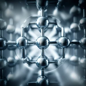 Immagine concettuale astratta della superconduttività, con elettroni che fluiscono senza resistenza attraverso un reticolo cristallino stilizzato, evidenziando l'effetto Meissner con linee di campo magnetico espulse. Prime lens, 35mm, duotone blu e argento, depth of field per focalizzare sul flusso di elettroni.