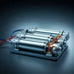 Lence Prime, 35 mm, profondità di campo, un primo piano di un array di celle a batteria agli ioni di litio, perfettamente bilanciata all'interno di un veicolo elettrico, che simboleggia l'efficienza e la tecnologia avanzata, blu duotone e argento.