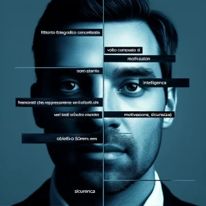 Ritratto fotografico concettuale, un volto composto da diversi frammenti che rappresentano vari tratti (intelligenza, motivazione, sicurezza), obiettivo 50mm, stile duotone blu e grigio, profondità di campo.