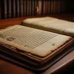 Un antico manoscritto aperto su un tavolo di legno in una biblioteca storica, illuminato da una luce soffusa. Dettaglio delle pagine ingiallite e della calligrafia. Macro lens, 90mm, high detail, precise focusing, controlled lighting, atmosfera di mistero e scoperta.