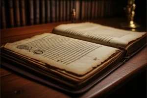 Un antico manoscritto aperto su un tavolo di legno in una biblioteca storica, illuminato da una luce soffusa. Dettaglio delle pagine ingiallite e della calligrafia. Macro lens, 90mm, high detail, precise focusing, controlled lighting, atmosfera di mistero e scoperta.