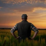 Un campo agricolo europeo al tramonto, con un agricoltore che guarda verso l'orizzonte, simboleggiando il futuro e la resilienza dell'agricoltura. Wide-angle lens, 16mm, long exposure per nuvole soffuse, colori caldi e intensi.