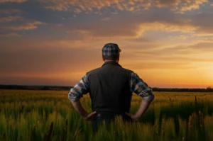 Un campo agricolo europeo al tramonto, con un agricoltore che guarda verso l'orizzonte, simboleggiando il futuro e la resilienza dell'agricoltura. Wide-angle lens, 16mm, long exposure per nuvole soffuse, colori caldi e intensi.