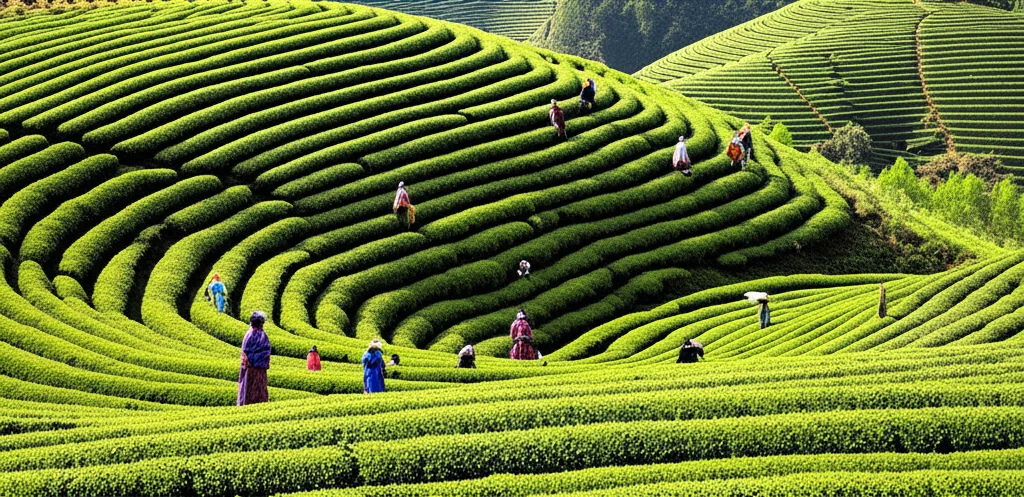 Un'immagine panoramica, altamente dettagliata e con obiettivo grandangolare, delle piantagioni di tè Anxi Tieguanyin nella provincia del Fujian, Cina, riconosciute come GIAHS. L'immagine mostra l'intricato paesaggio terrazzato, con raccoglitori di tè in abiti tradizionali discretamente presenti. Obiettivo grandangolare, 10mm, messa a fuoco nitida su tutto il campo, illuminazione dell'ora d'oro per esaltare texture e colori, trasmettendo il ricco patrimonio culturale e agricolo.