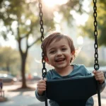A child playing in an urban park, 35mm portrait, depth of field, capturing a subtle haze in the background.