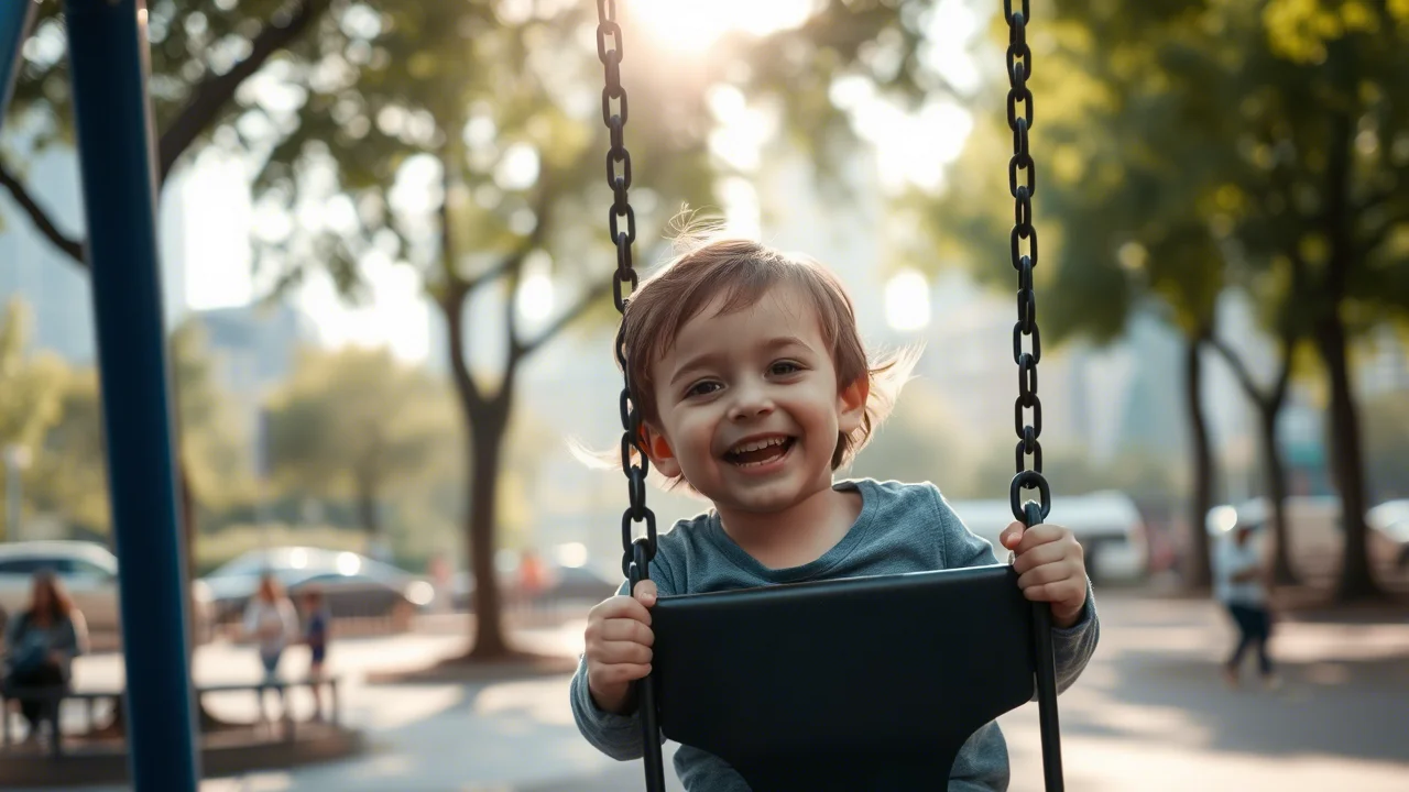 A child playing in an urban park, 35mm portrait, depth of field, capturing a subtle haze in the background.