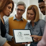A warm, 35mm portrait showing a diverse group of parents looking confidently at a tablet displaying hearing aid information, depth of field.