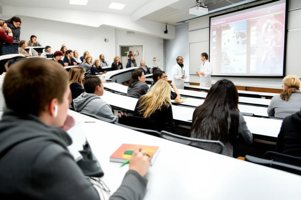 Aula universitaria moderna con studenti di medicina attenti durante una lezione di anatomia, proiettore acceso sullo sfondo mostra una slide complessa, luce ambientale brillante, obiettivo grandangolare 24mm, messa a fuoco nitida sull'intera scena.