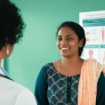 Fotografia realistica di una donna bengalese sorridente che riceve consulenza da un'operatrice sanitaria in una clinica pulita e modesta. Sullo sfondo, un poster informativo sullo screening cervicale. Obiettivo 50mm, luce naturale morbida, espressioni positive, duotono blu e verde acqua per un senso di speranza e salute.