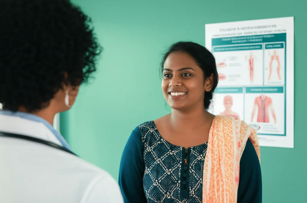 Fotografia realistica di una donna bengalese sorridente che riceve consulenza da un'operatrice sanitaria in una clinica pulita e modesta. Sullo sfondo, un poster informativo sullo screening cervicale. Obiettivo 50mm, luce naturale morbida, espressioni positive, duotono blu e verde acqua per un senso di speranza e salute.