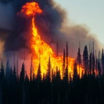 Fotografia teleobiettivo zoom 100-400mm di un incendio forestale estremo che divampa in una foresta di conifere, con fiamme alte che raggiungono le cime degli alberi e una densa colonna di fumo nero che si alza nel cielo al tramonto, fast shutter speed per congelare il movimento delle fiamme, action or movement tracking.