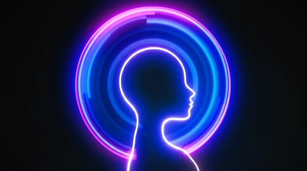 Immagine concettuale astratta che rappresenta la metacognizione e l'autoriflessione: cerchi concentrici luminosi che si espandono da una silhouette stilizzata di una testa umana, su sfondo scuro. Illuminazione drammatica, alta definizione.