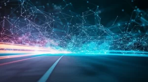 Immagine fotorealistica di confini aziendali stilizzati che si dissolvono gradualmente in una rete luminosa e interconnessa di particelle digitali che si estende globalmente, simboleggiando l'espansione oltre i limiti tradizionali grazie all'innovazione aperta. Scatto grandangolare, obiettivo 20mm, lunga esposizione per creare scie luminose dinamiche, focus nitido sulla transizione tra solido e digitale.