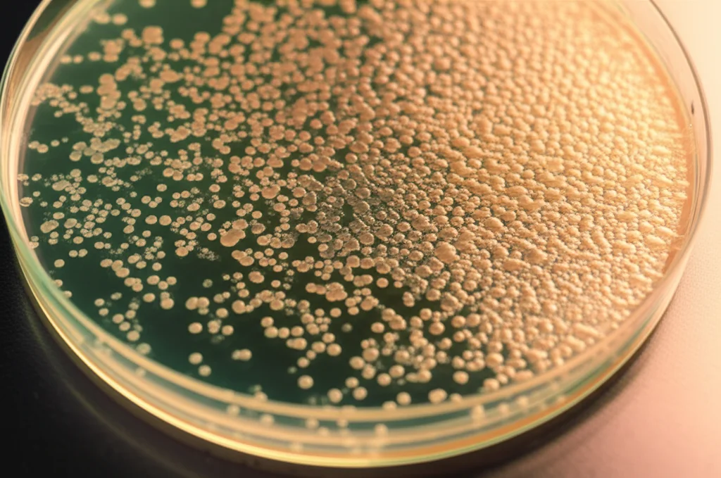 Immagine macro ad alta definizione di colonie di Helicobacter pylori in una piastra di Petri, obiettivo macro 90mm, illuminazione da laboratorio controllata per dettagli precisi, sfondo sfocato che suggerisce un ambiente di ricerca scientifica.