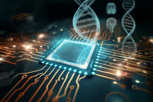 Photorealistic image depicting the intersection of medical data and artificial intelligence, macro lens, 60mm, high detail.