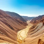 Photorealistic landscape wide angle 10mm of Wadi Ranyah basin in Saudi Arabia, showing arid terrain and a dry riverbed, sharp focus.