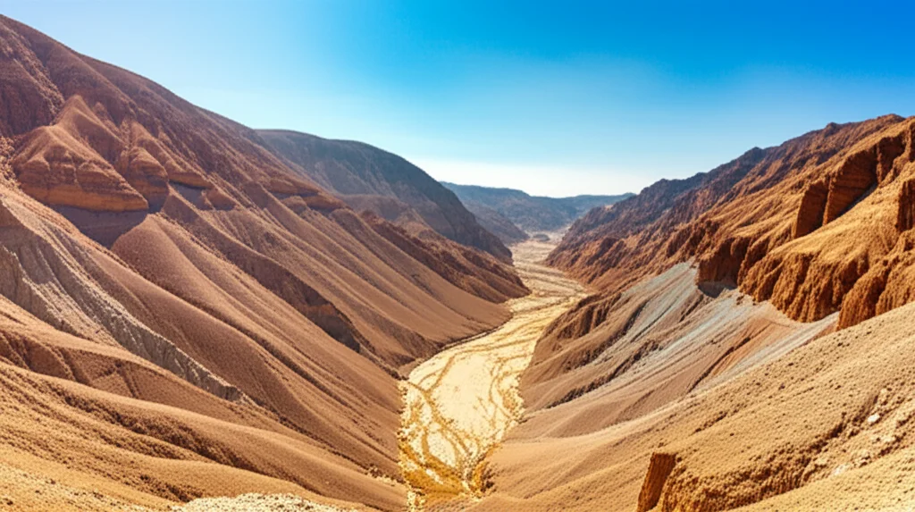 Photorealistic landscape wide angle 10mm of Wadi Ranyah basin in Saudi Arabia, showing arid terrain and a dry riverbed, sharp focus.